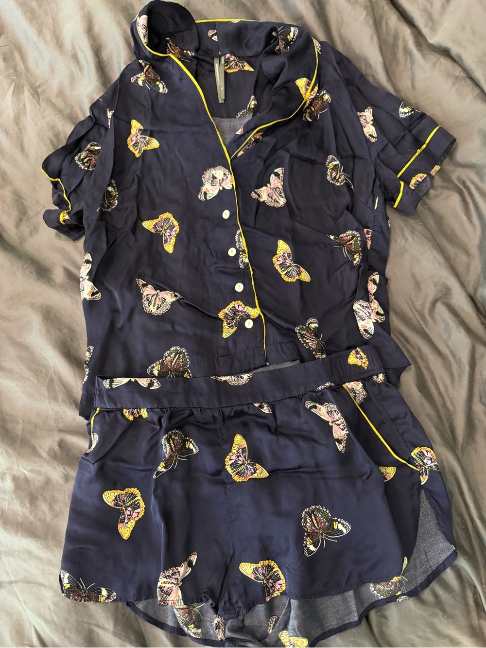 Anthropologie Navy Butterfly-Print Satin Pajama Set with Yellow Piping